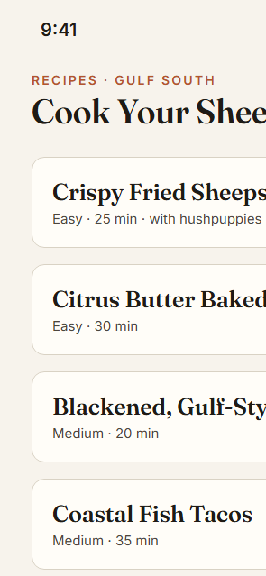Generated recipes for an identified fish, with difficulty, ingredients, and steps
