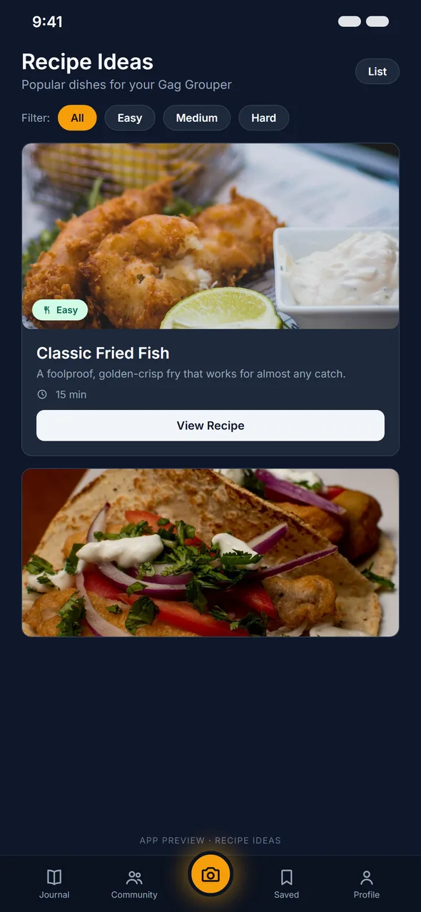 Recipe Ideas screen with difficulty filters and a Classic Fried Fish recipe card