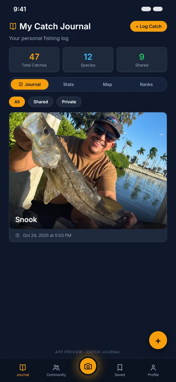My Catch Journal screen with catch stats, journal tabs, and a logged snook entry