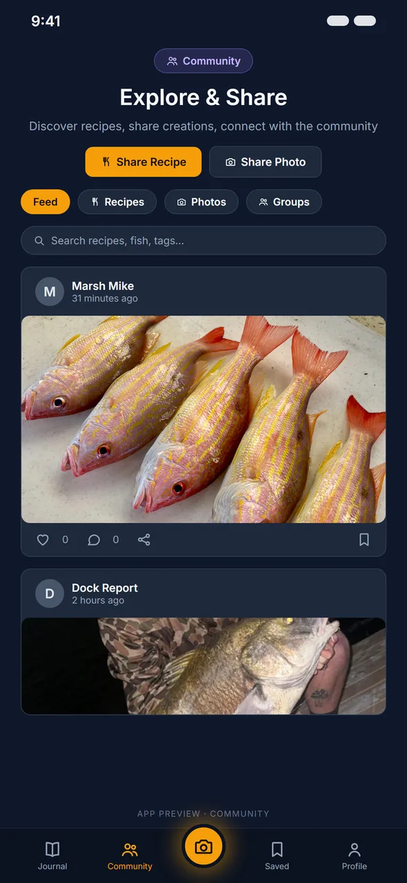 Community Explore and Share screen with a shared lane snapper post and a night black drum post